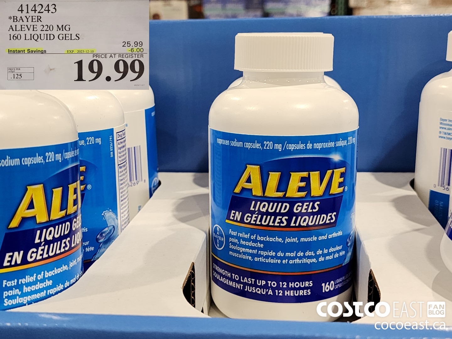 414243 BAYER ALEVE 220 MG 160 LIQUID GELS ($6.00 INSTANT SAVINGS EXPIRES ON 2023-12-10) $19.99