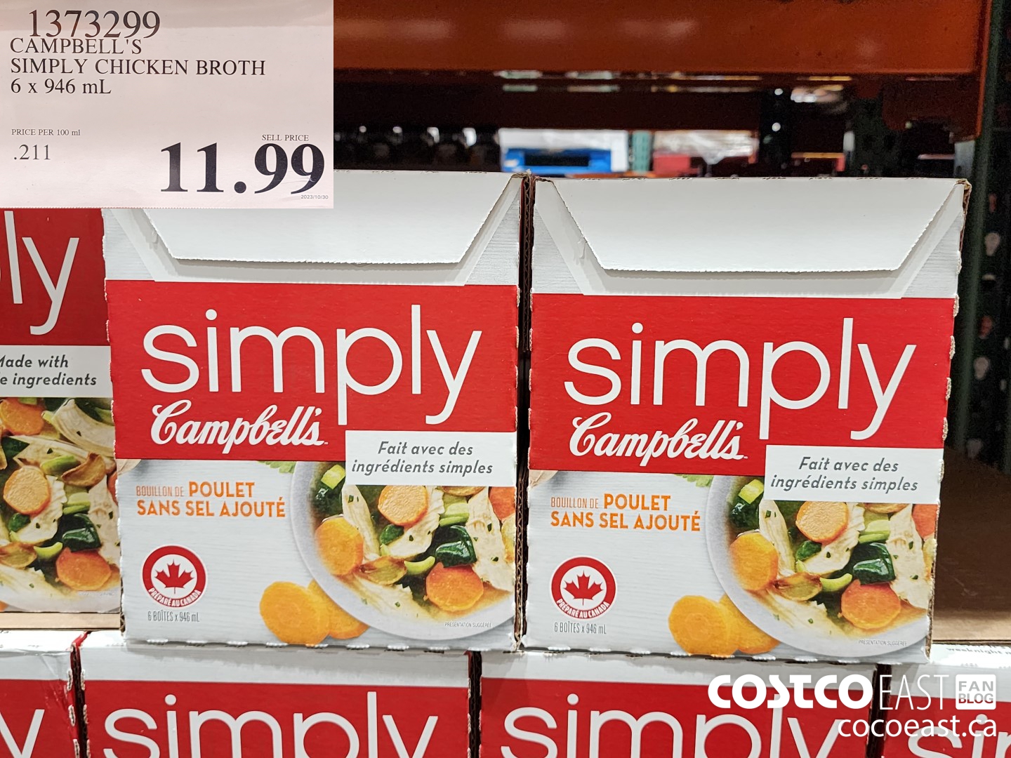 1373299 CAMPBELL'S SIMPLY CHICKEN BROTH 6 x 946 mL $11.99