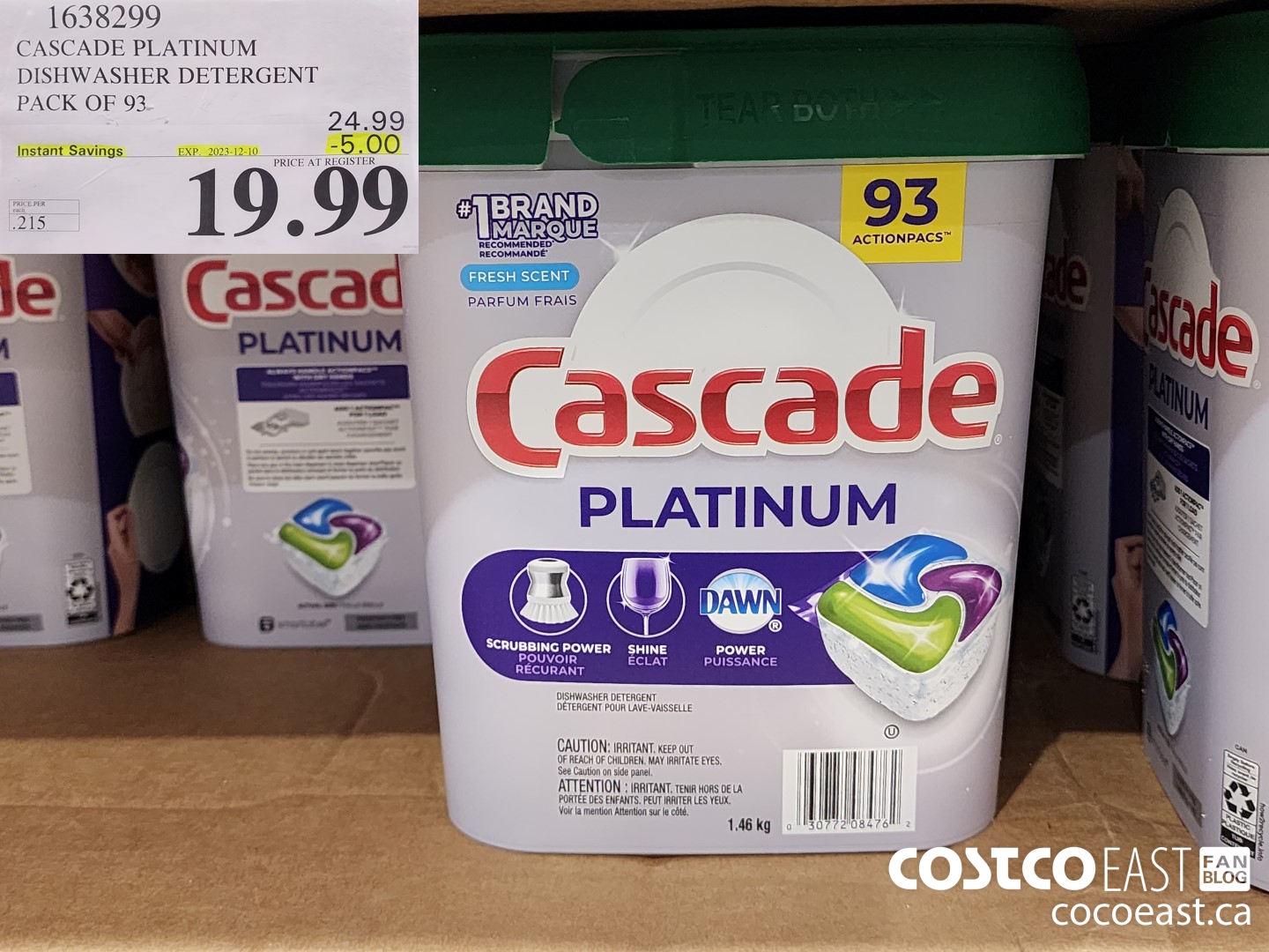 1638299 CASCADE PLATINUM DISHWASHER DETERGENT PACK OF 93 ($5.00 INSTANT SAVINGS EXPIRES ON 2023-12-10) $19.99