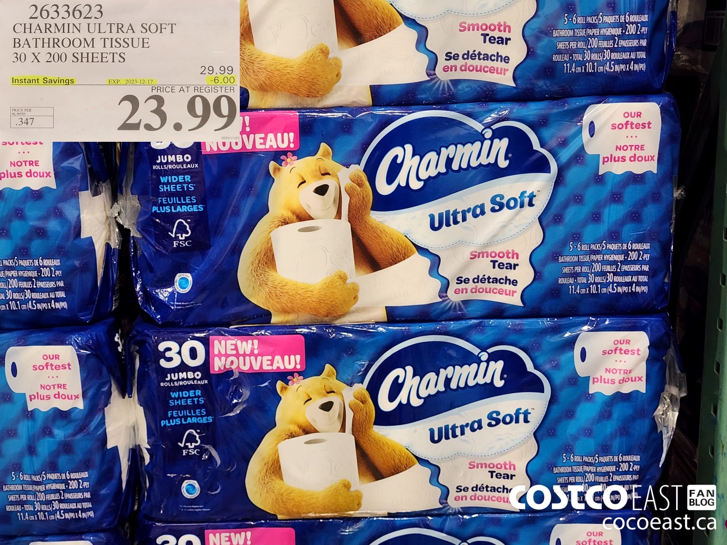 2633623 CHARMIN ULTRA SOFT BATHROOM TISSUE 30 X 200 SHEETS ($6.00 INSTANT SAVINGS EXPIRES ON 2023-12-17) $23.99