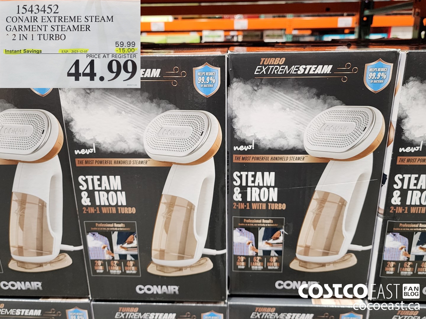 1543452 CONAIR EXTREME STEAM GARMENT STEAMER 2 IN 1 TURBO ($15.00 INSTANT SAVINGS EXPIRES ON 2023-12-03) $44.99