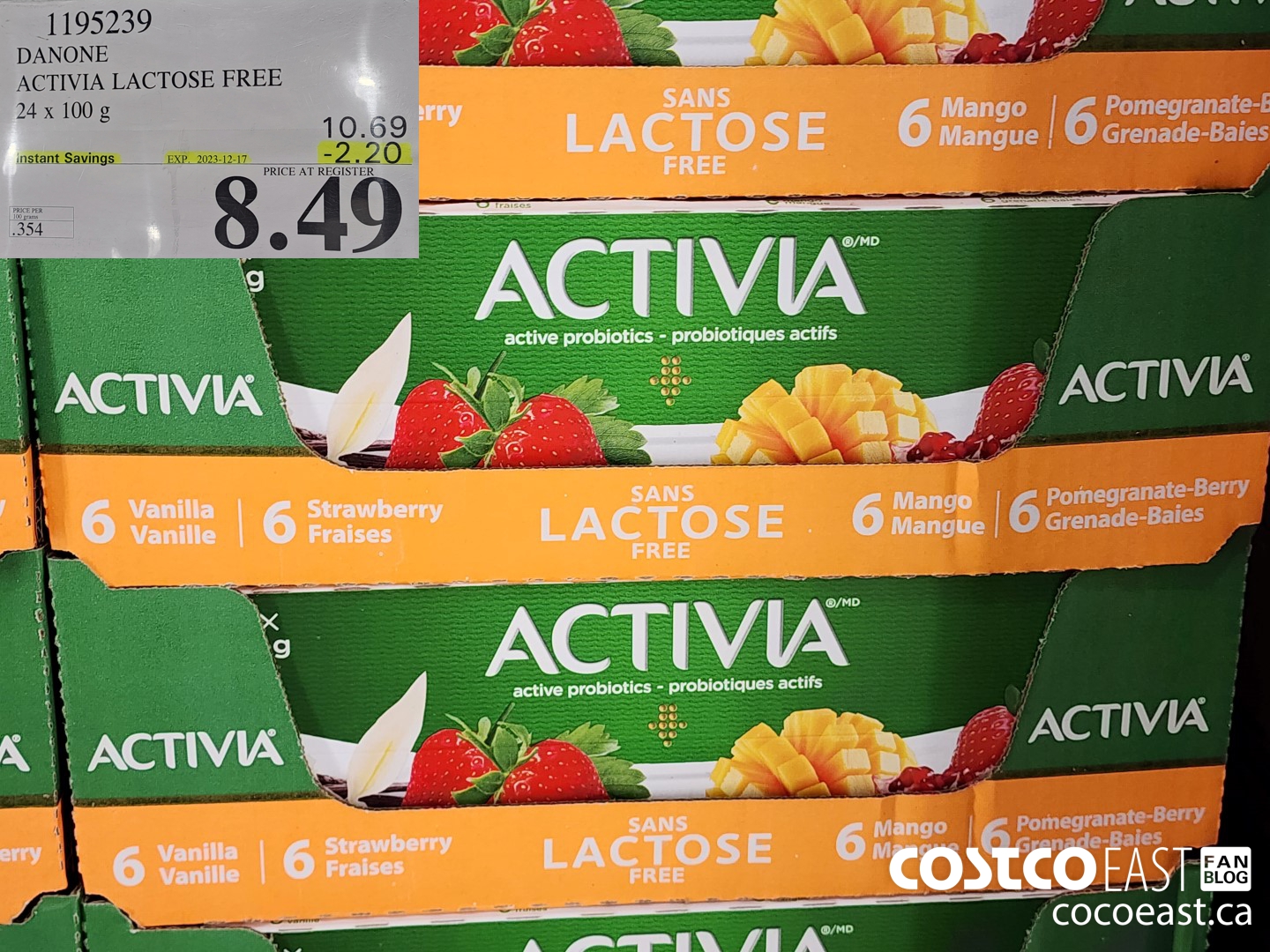 1195239 DANONE ACTIVIA LACTOSE FREE 24 x 100 g ($2.20 INSTANT SAVINGS EXPIRES ON 2023-12-17) $8.49