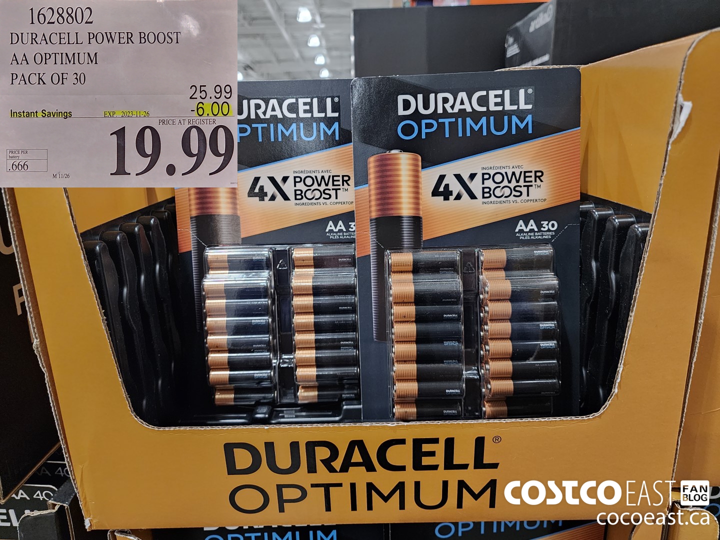1628802 DURACELL POWER BOOST AA OPTIMUM PACK OF 30 ($6.00 INSTANT SAVINGS EXPIRES ON 2023-11-26) $19.99