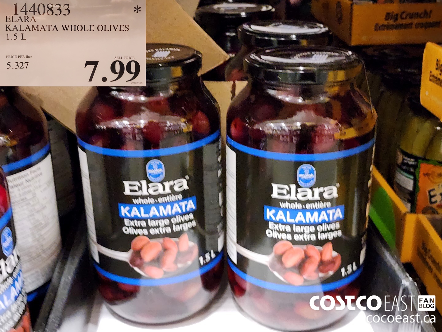 1440833 ELARA KALAMATA WHOLE OLIVES 1.5 L $7.99