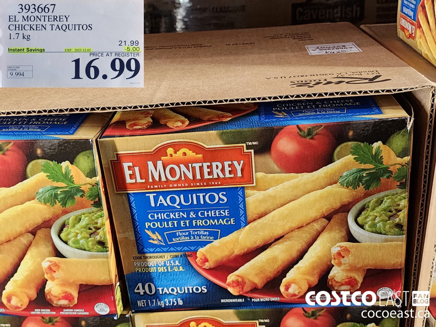 393667 EL MONTEREY CHICKEN TAQUITOS 1.7 KG ($5.00 INSTANT SAVINGS EXPIRES ON 2023-12-03) $16.99