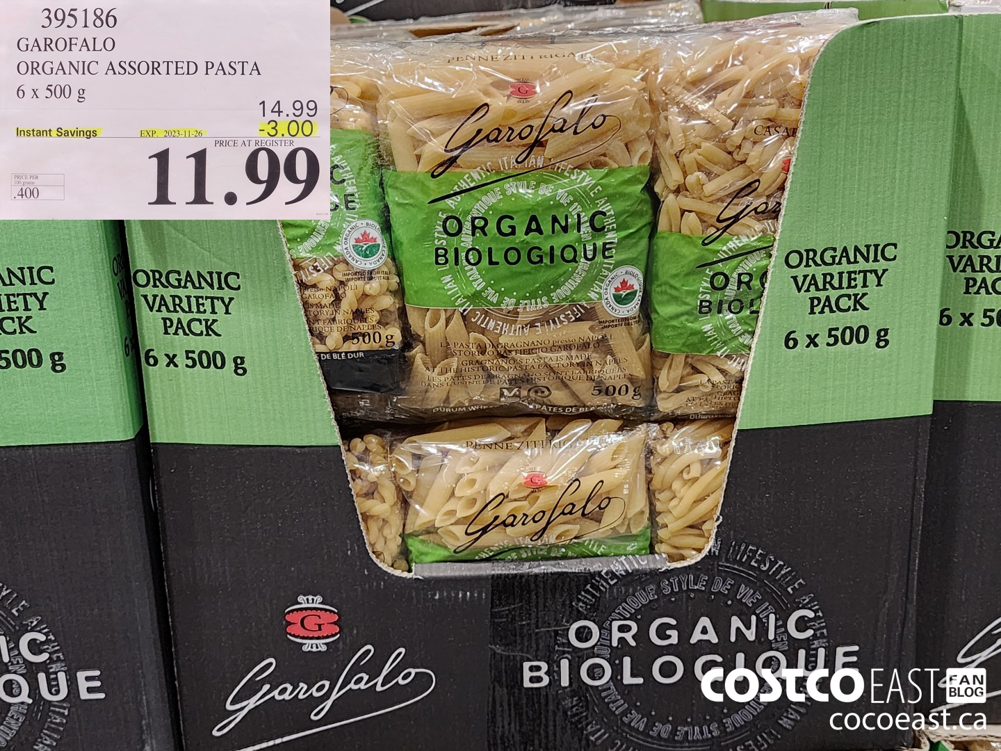395186 GAROFALO ORGANIC ASSORTED PASTA 6 X 500 G ($3.00 INSTANT SAVINGS EXPIRES ON 2023-11-26) $11.99