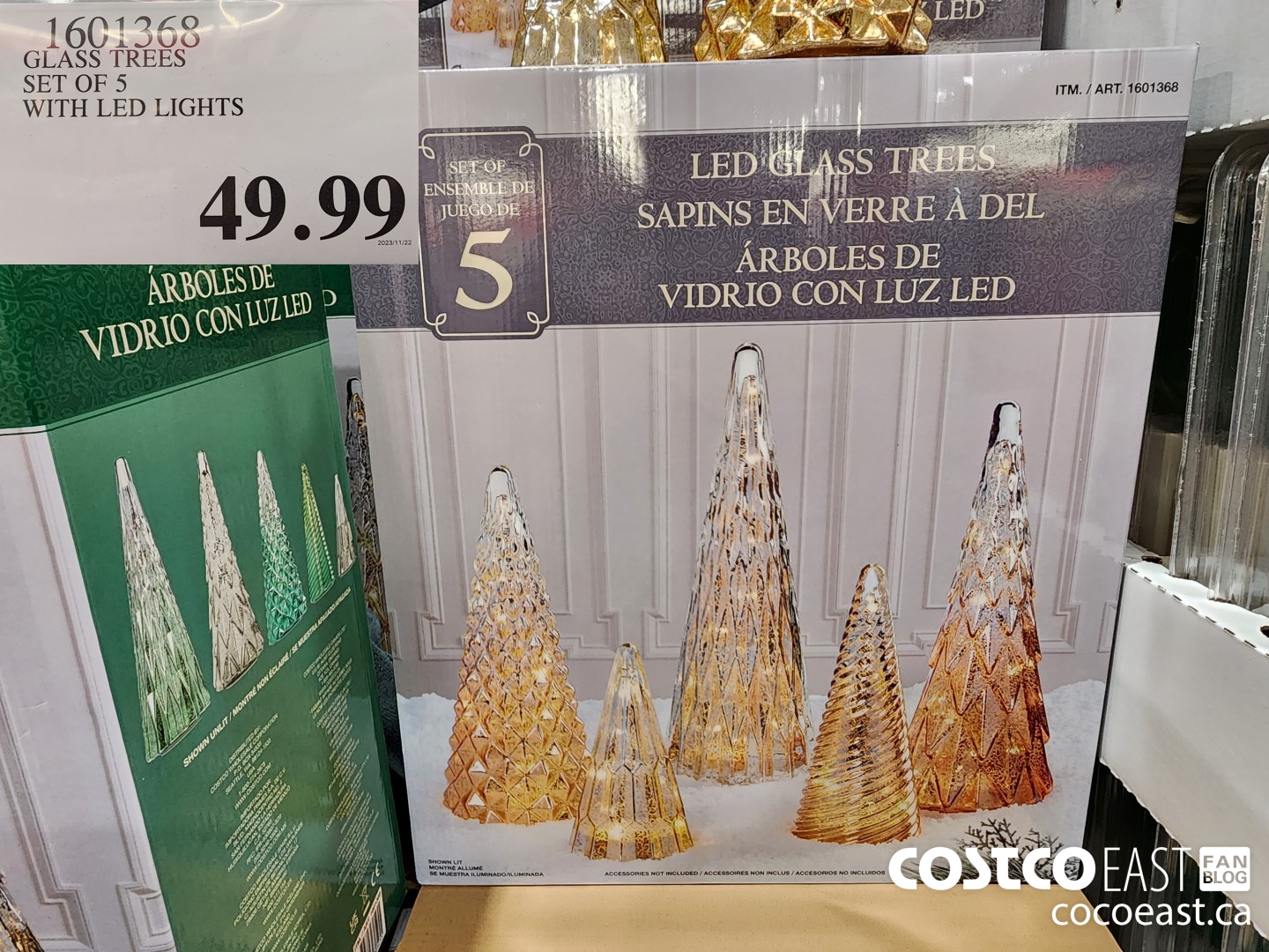 1601368 GLASS TREES SET OF 5 WITH LED LIGHTS $49.99