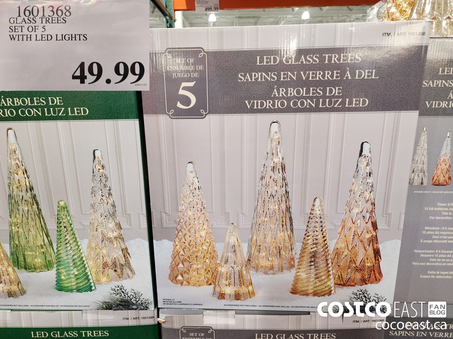 1601368 GLASS TREES SET OF 5 WITH LED LIGHTS $49.99