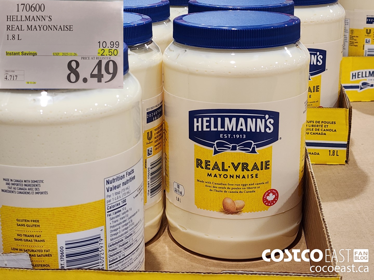 170600 HELLMANN'S REAL MAYONNAISE 1.8 L ($2.50 INSTANT SAVINGS EXPIRES ON 2023-11-26) $8.49