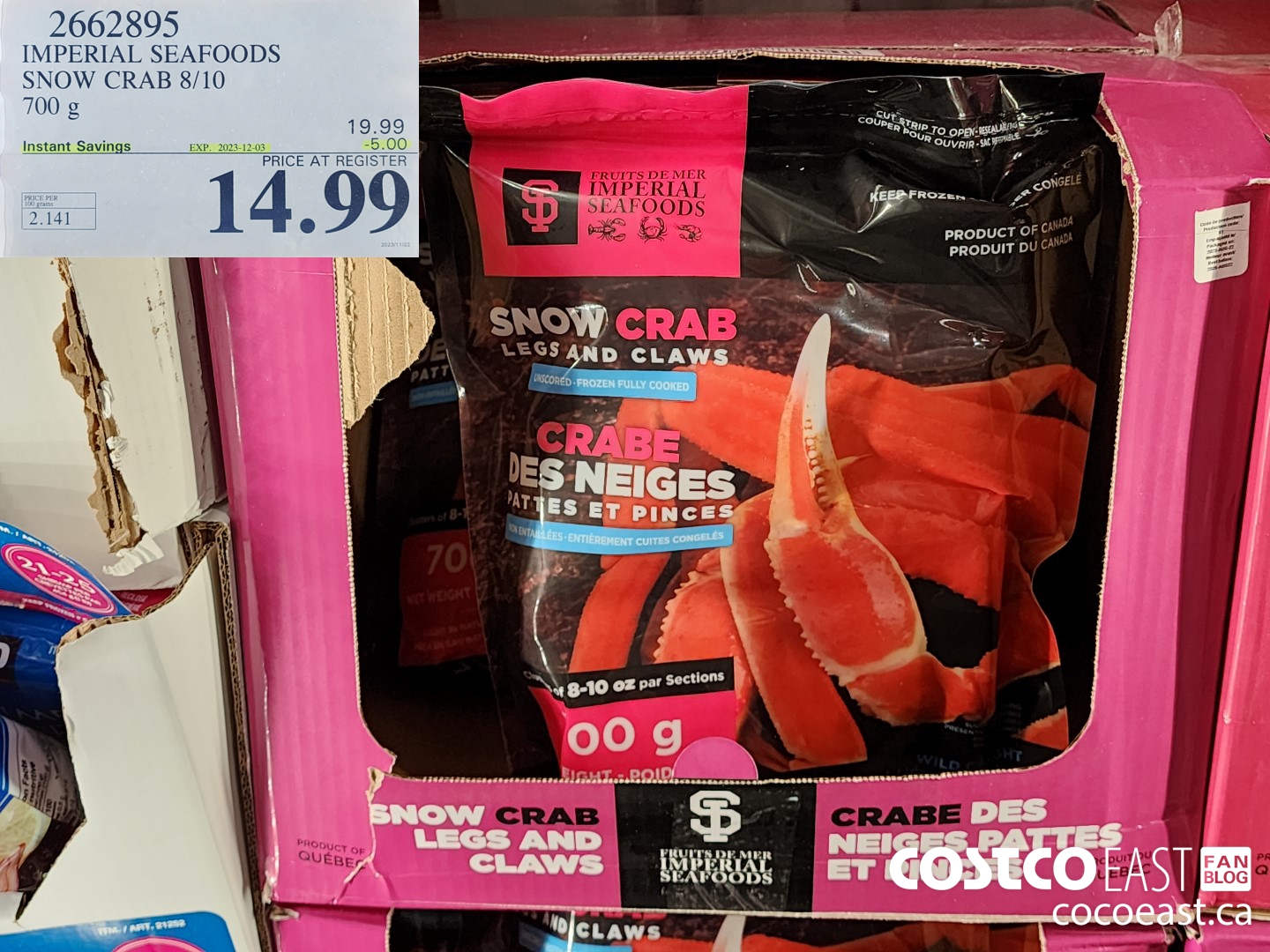 2662895 IMPERIAL SEAFOODS SNOW CRAB 8/10 700 G ($5.00 INSTANT SAVINGS EXPIRES ON 2023-12-03) $14.99