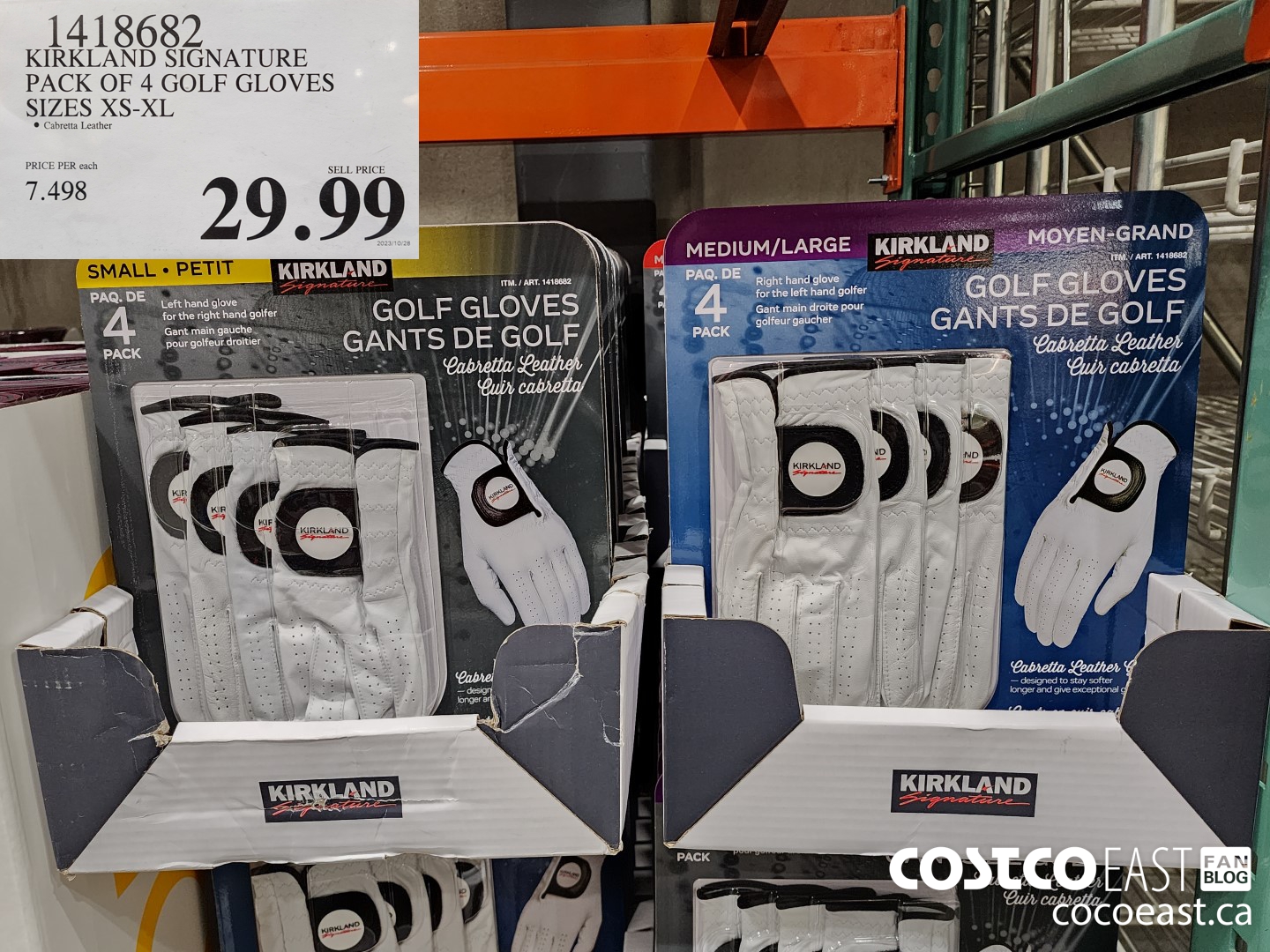 1418682 KIRKLAND SIGNATURES PACK OF 4 GOLF GLOVES SIZES XS-XL $29.99