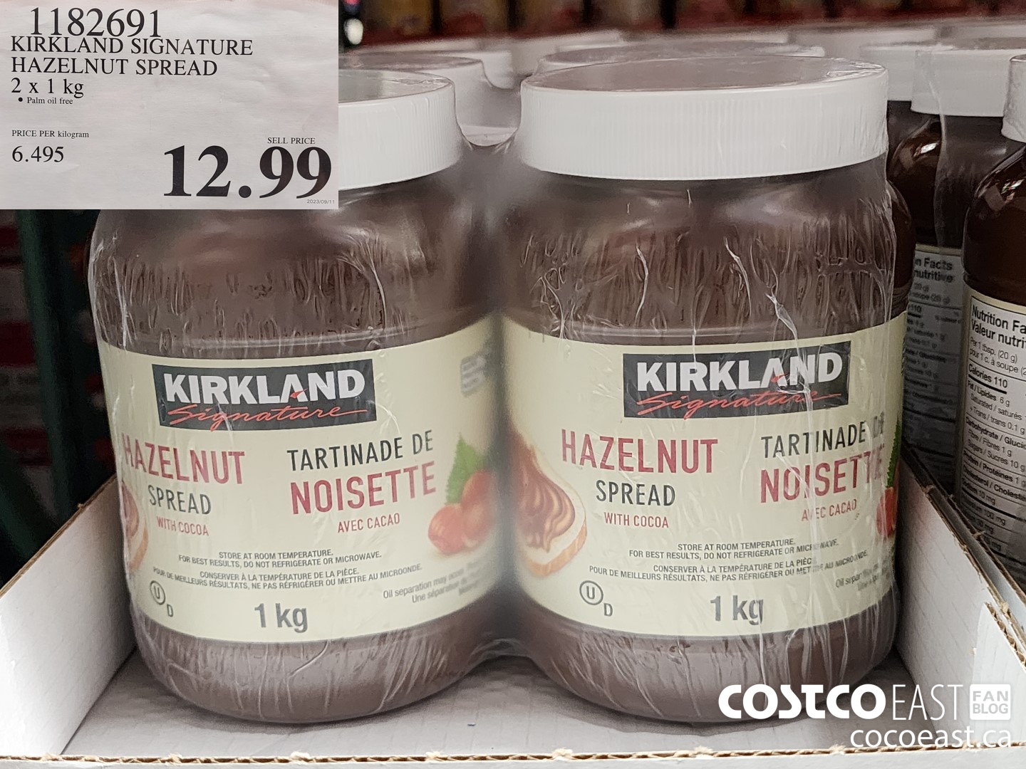 1182691 KIRKLAND SIGNATURE HAZELNUT SPREAD 2 X 1 KG $12.99