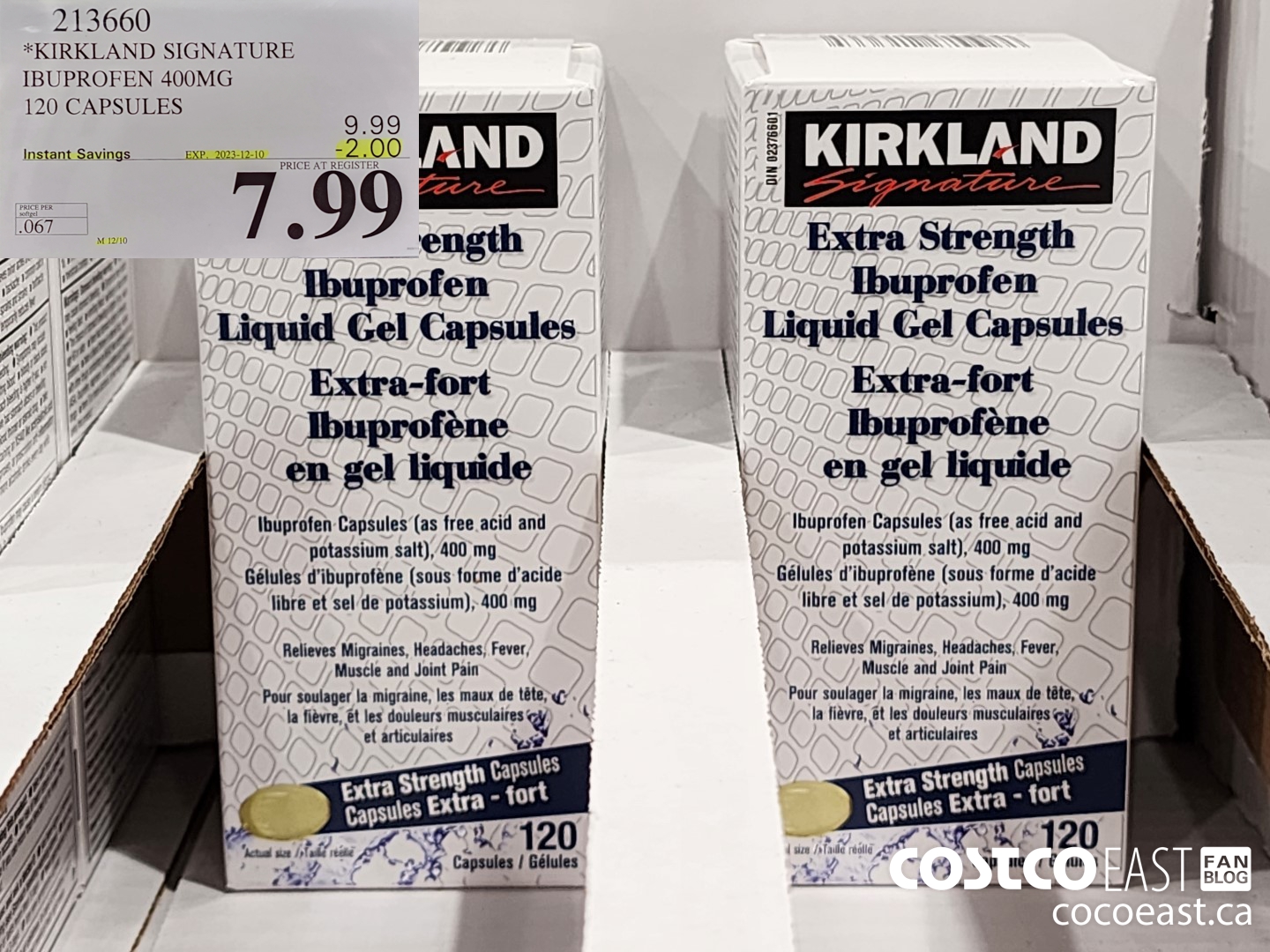 213660 *KIRKLAND SIGNATURE IBUPROFEN 400MG 120 CAPSULES ($2.00 INSTANT SAVINGS EXPIRES ON 2023-12-10) $7.99