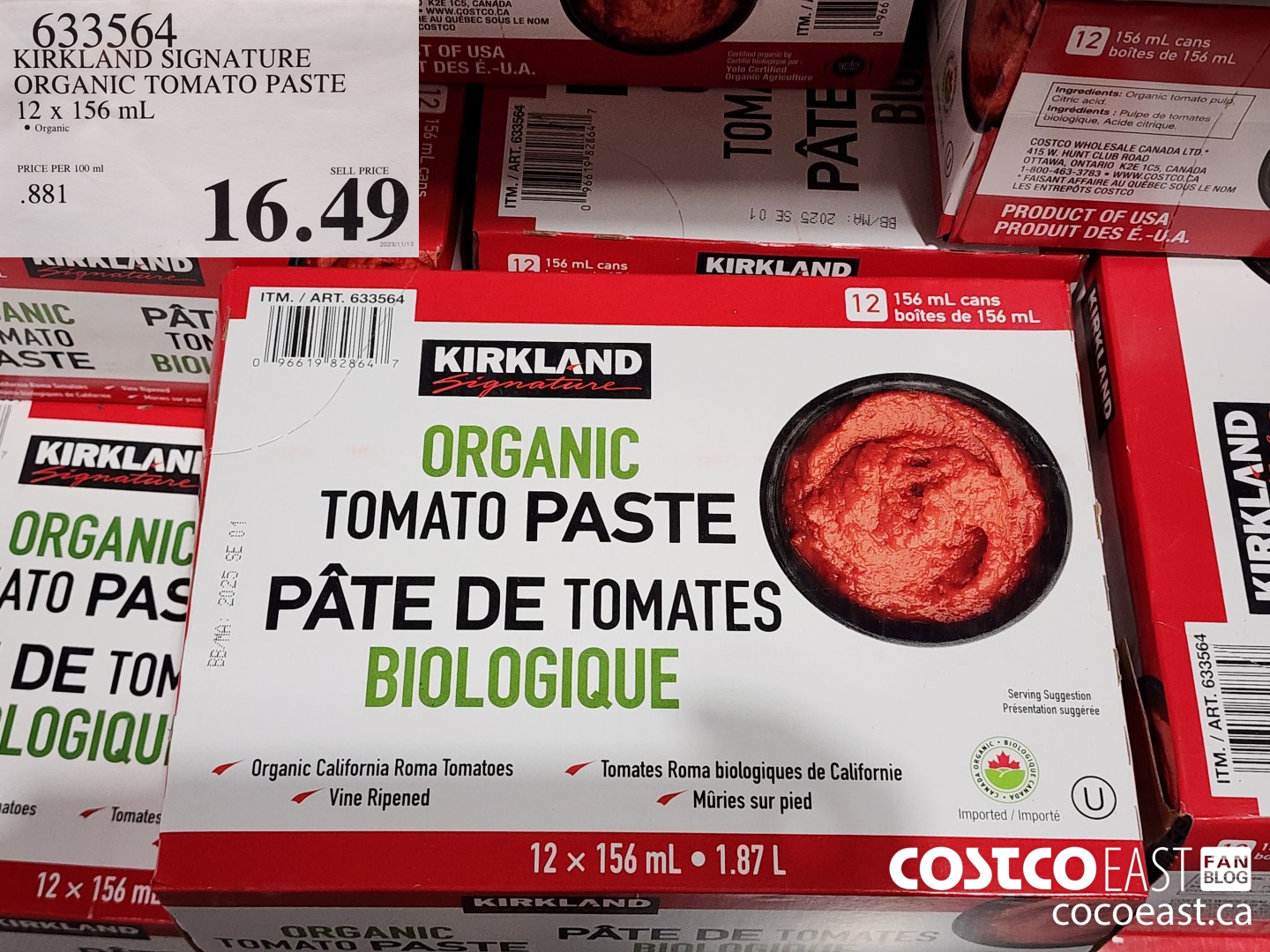 633564 KIRKLAND SIGNATURE ORGANIC TOMATO PASTE 12 x 156 mL $16.49