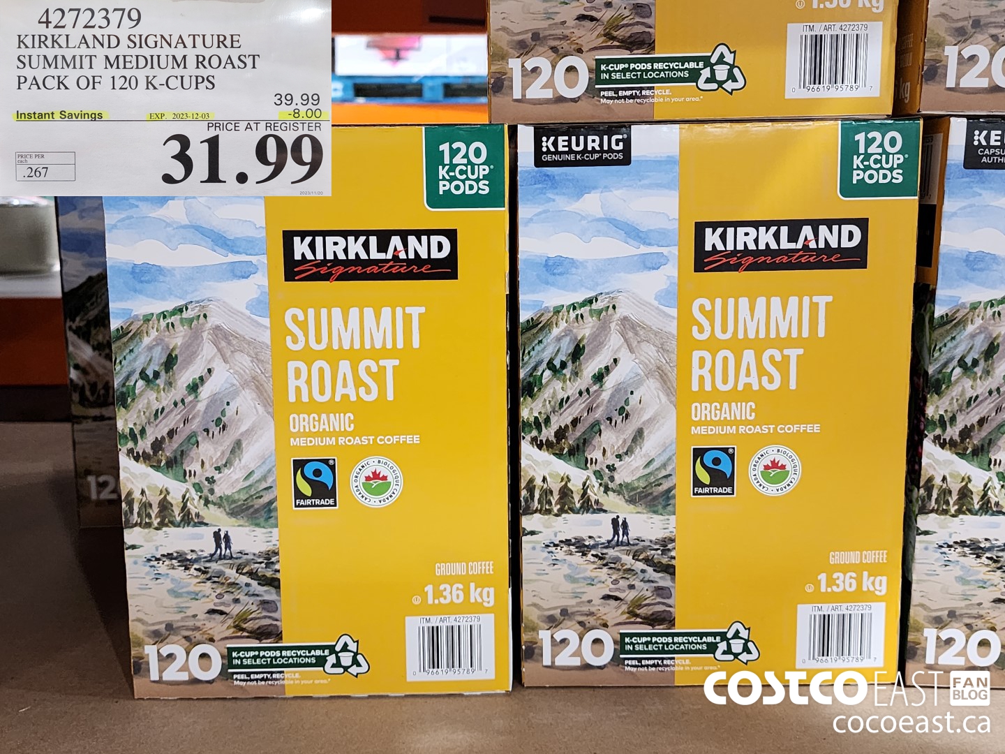 4272379 KIRKLAND SIGNATURE SUMMIT MEDIUM ROAST PACK OF 120 K-CUPS ($8.00 INSTANT SAVINGS EXPIRES ON 2023-12-03) $31.99