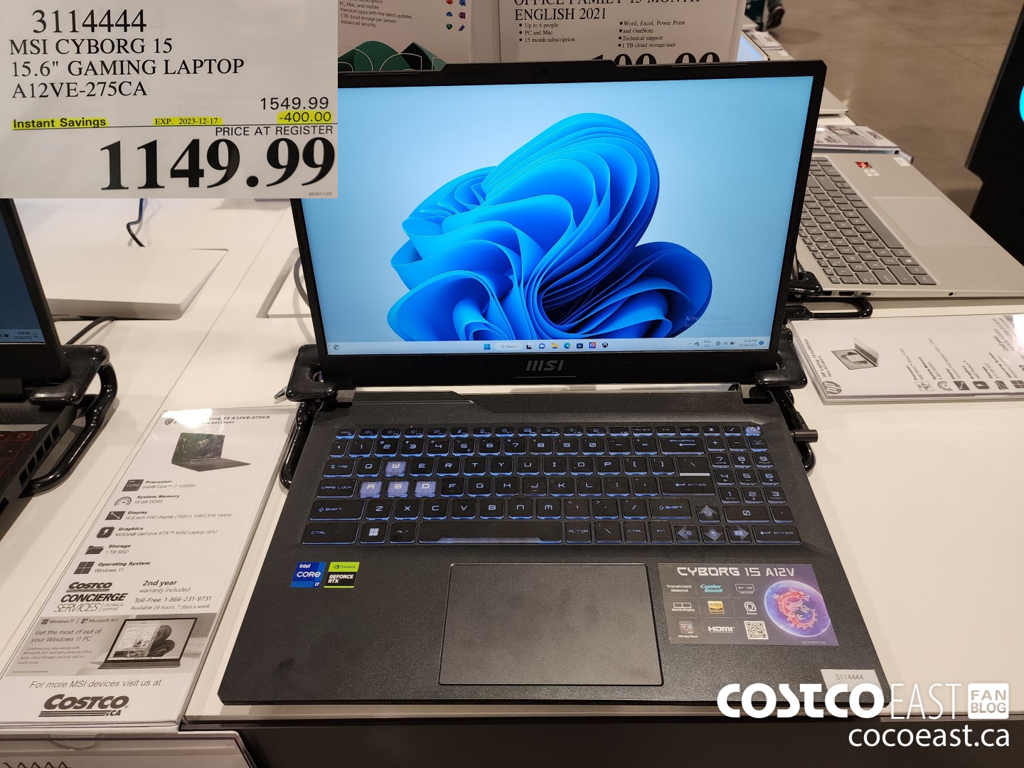 3114444 MSI CYBORG 15 15.6' GAMING LAPTOP A12VE-275CA ($400.00 INSTANT SAVINGS EXPIRES ON 2023-12-17) $1149.99