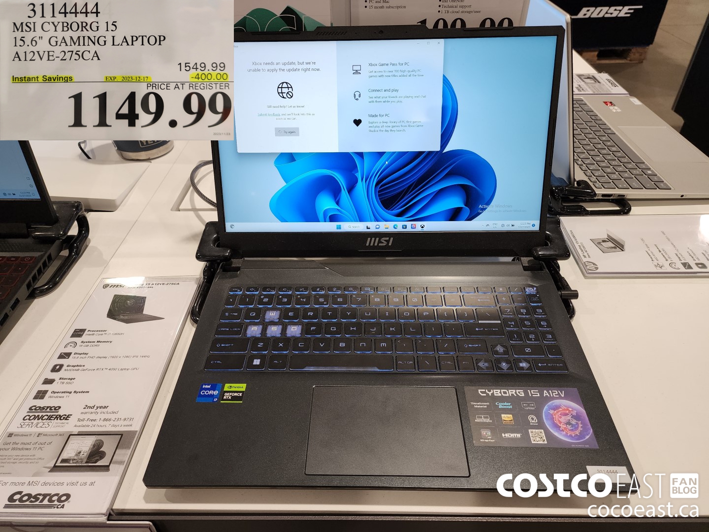 3114444 MSI CYBORG 15 15.6' GAMING LAPTOP A12VE-275CA ($400.00 INSTANT SAVINGS EXPIRES ON 2023-12-17) $1149.99