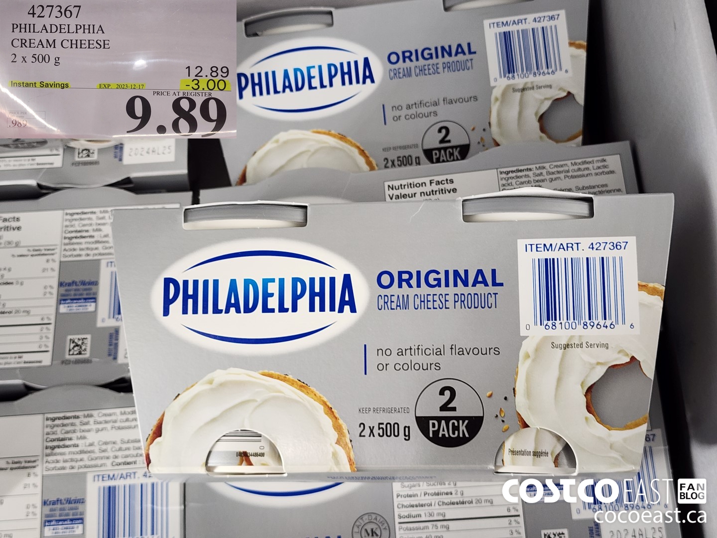 427367 PHILADELPHIA CREAM CHEESE 2 x 500 g ($3.00 INSTANT SAVINGS EXPIRES ON 2023-12-17) $9.89