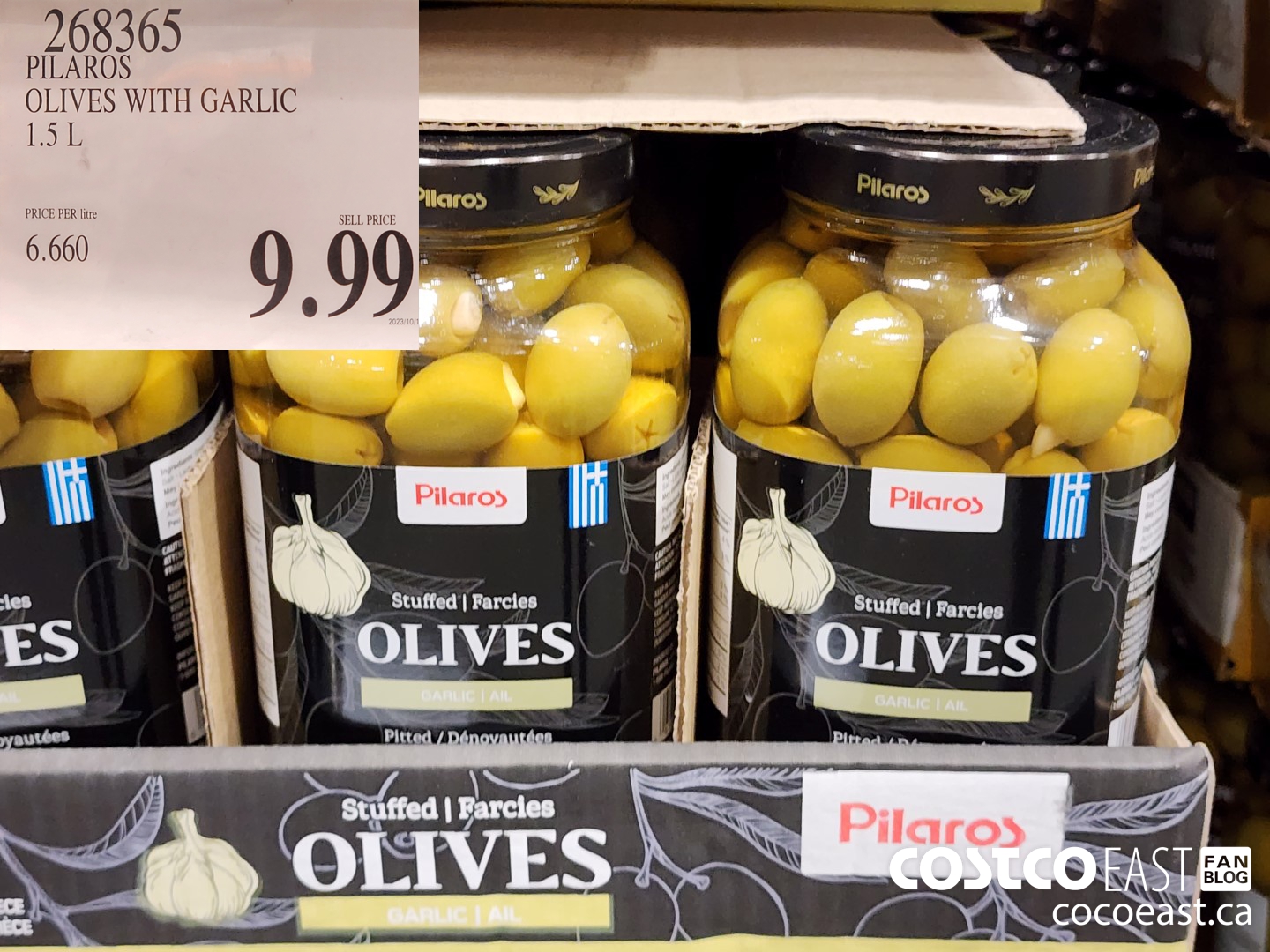 268365 PILAROS OLIVES WITH GARLIC 1.5 L $9.99
