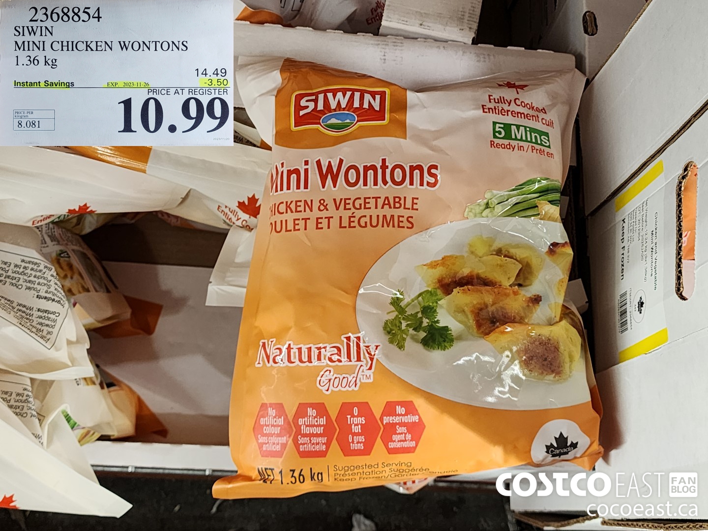 2368854 SIWIN MINI CHICKEN WONTONS 1.36 kg ($3.50 INSTANT SAVINGS EXPIRES ON 2023-11-26) $10.99