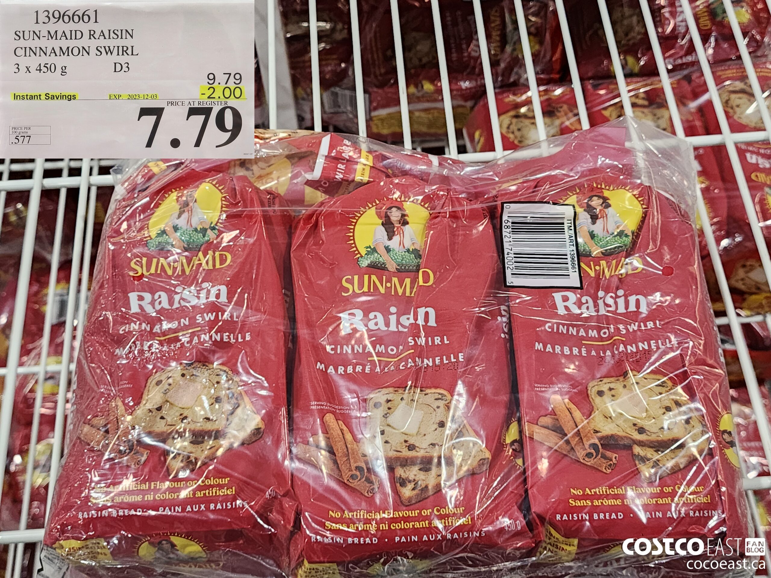 1396661 SUN-MAID RAISIN CINNAMON SWIRL 3 x 450 g ($2.00 INSTANT SAVINGS EXPIRES ON 2023-12-03) $7.79