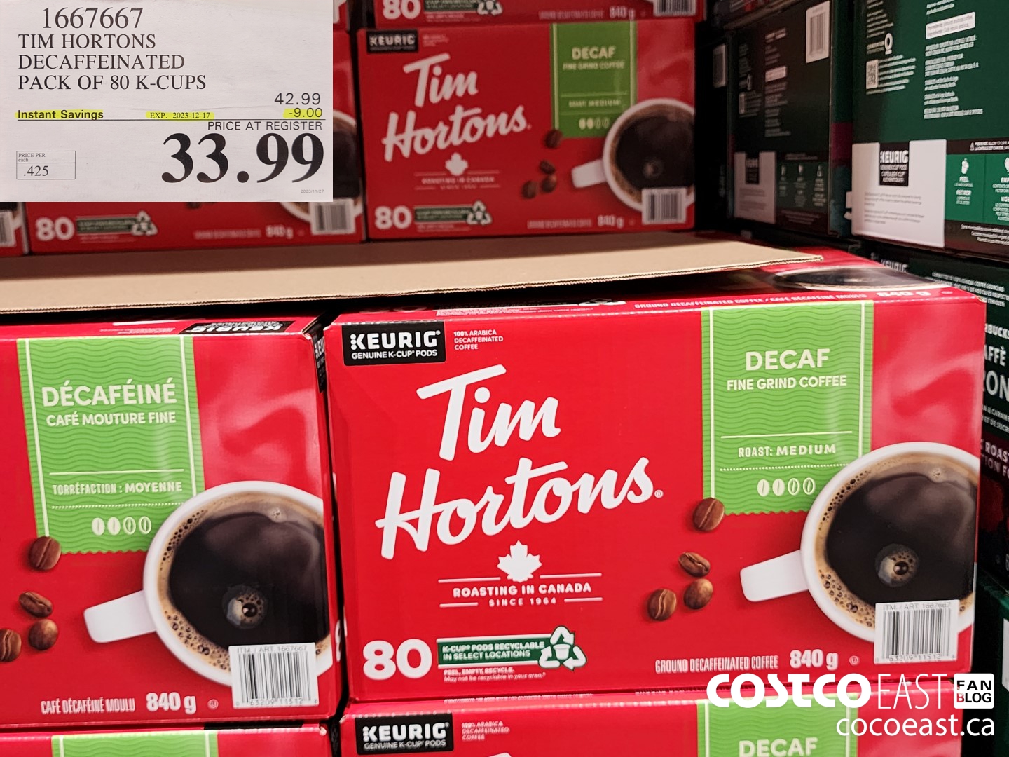 1667667 TIM HORTONS DECAFFEINATED PACK OF 80 K-CUPS ($9.00 INSTANT SAVINGS EXPIRES ON 2023-12-17) $33.99