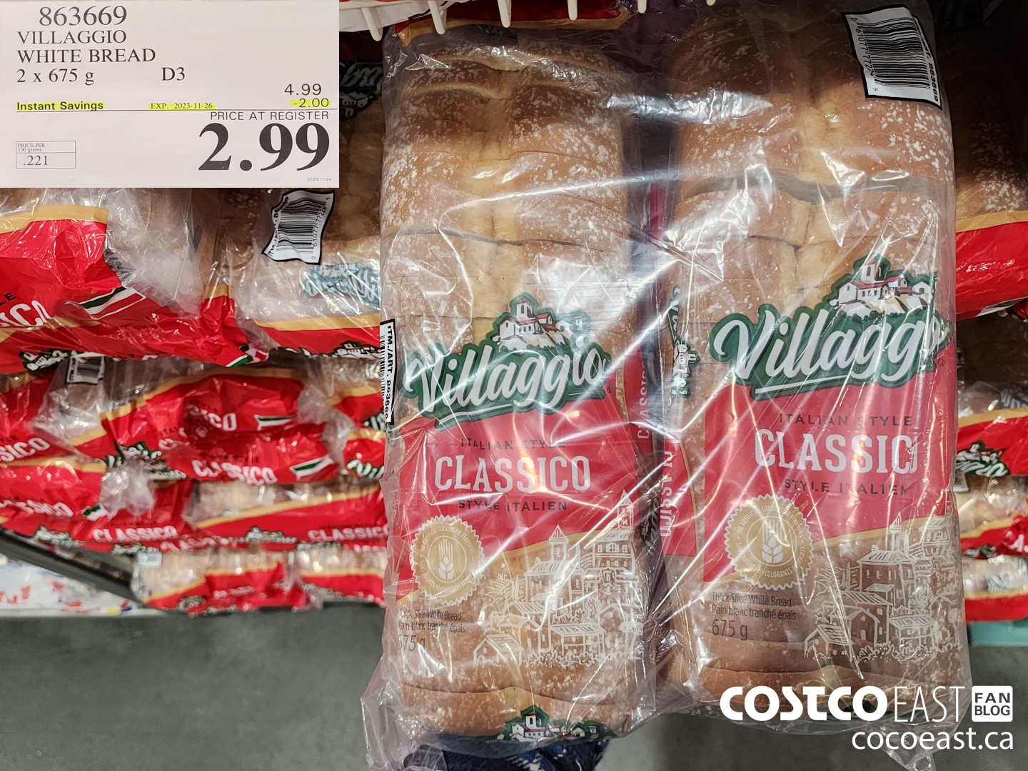 863669 VILLAGGIO WHITE BREAD 2 X 675G ($2.00 INSTANT SAVINGS EXPIRES ON 2023-11-26) $2.99
