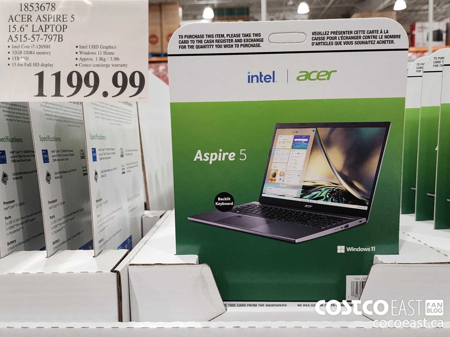 1853678 ACER ASPIRE 5 15.6IN LAPTOP COMPUTER A515-57-797B $1199.99