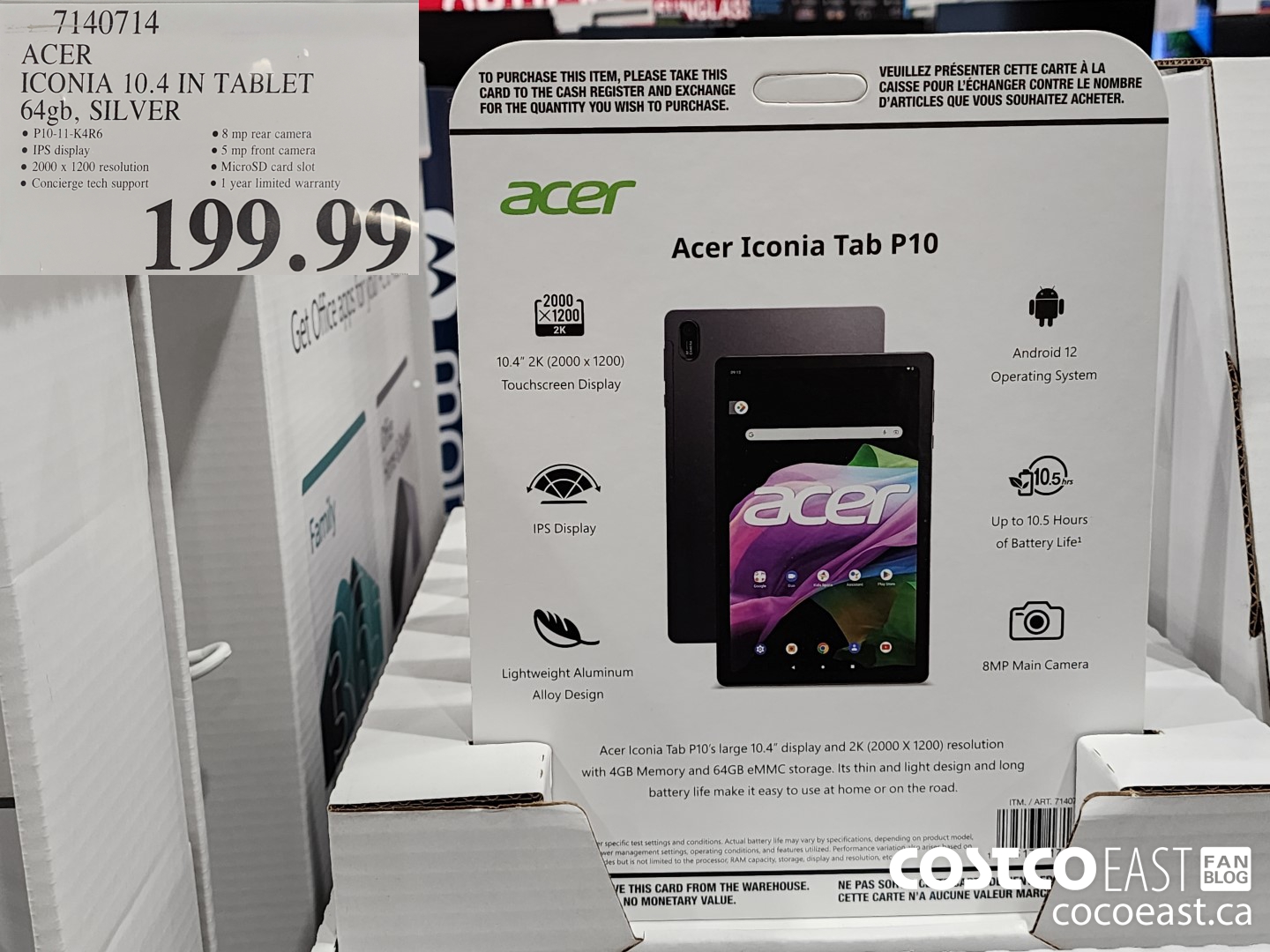 7140714 ACER ICONIA 10.4 IN TABLET 64GB, SILVER $199.99