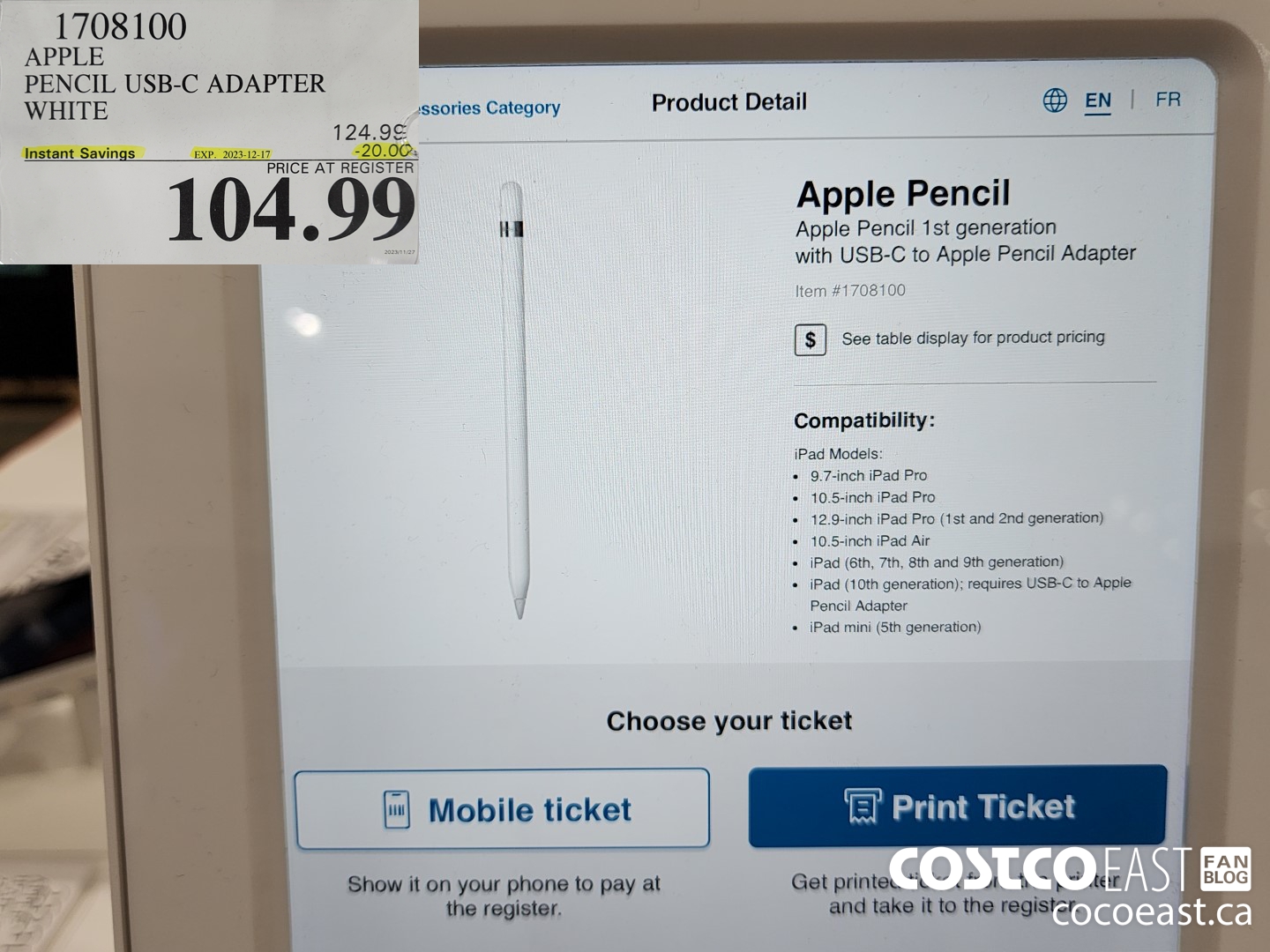 1708100 APPLE PENCIL USB-C ADAPTER WHITE ($20.00 INSTANT SAVINGS EXPIRES ON 2023-12-17) $104.99