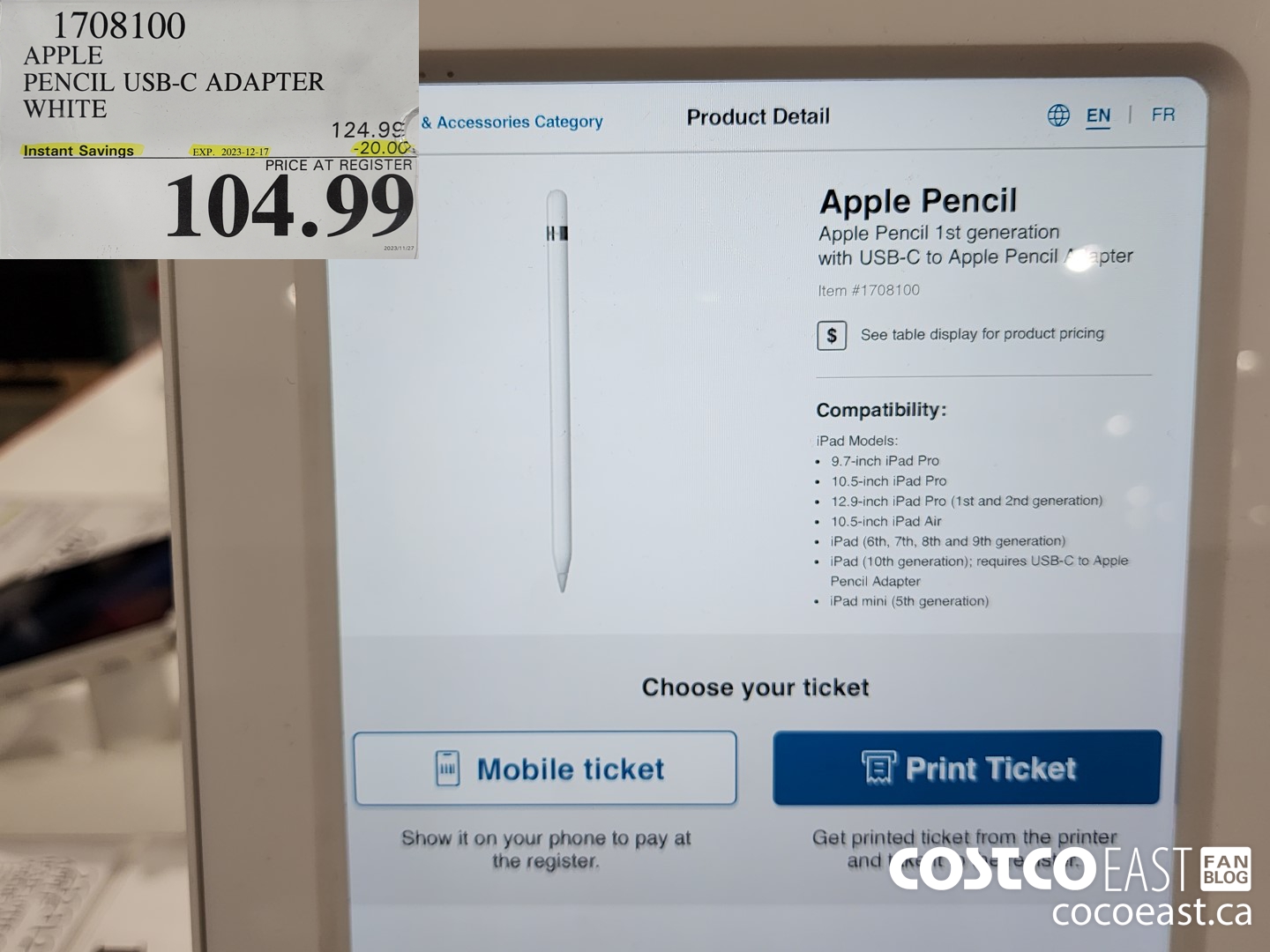 1708100 APPLE PENCIL USB-C ADAPTER WHITE ($20.00 INSTANT SAVINGS EXPIRES ON 2023-12-17) $104.99