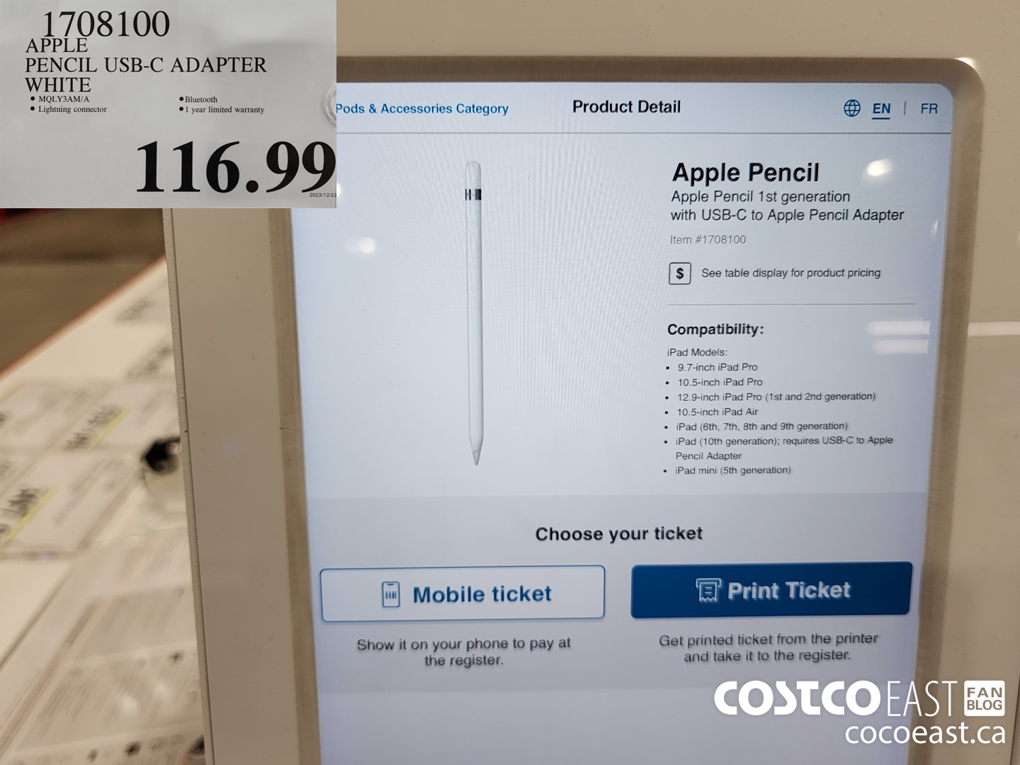 1708100 APPLE PENCIL USB-C ADAPTER WHITE $116.99