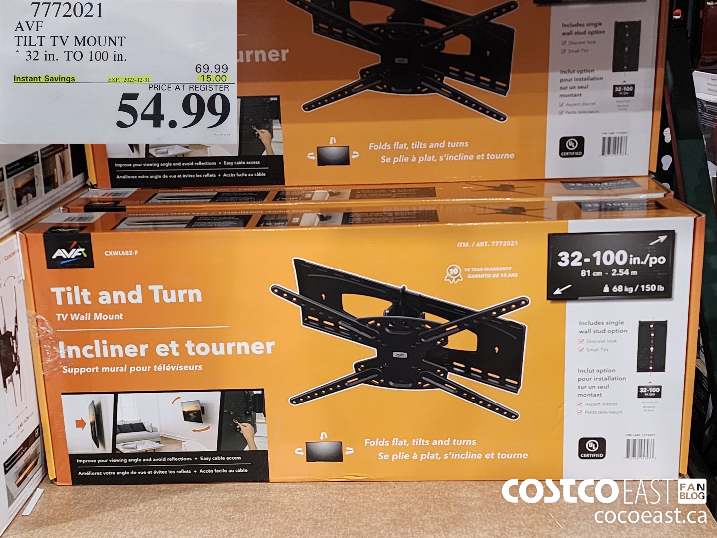 7772021 AVF TILT TV MOUNT 32 in. TO 100 in. ($15.00 INSTANT SAVINGS EXPIRES ON 2023-12-31) $54.99