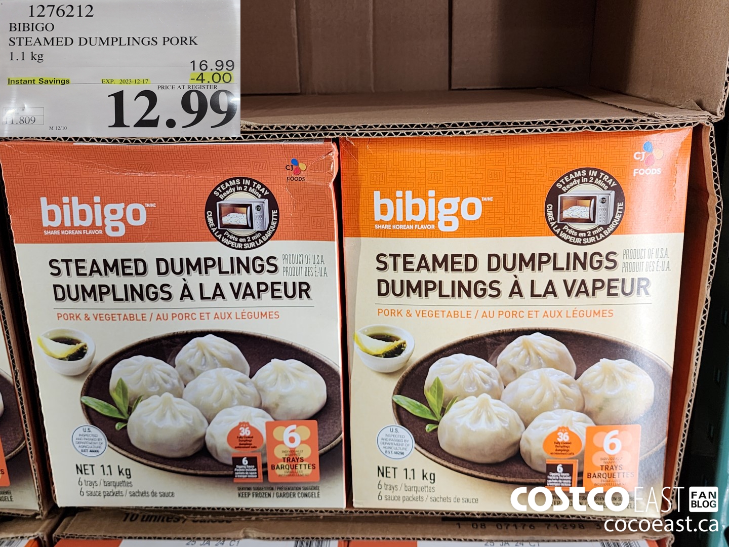 1276212 BIBIGO STEAMED DUMPLINGS PORK 1.1 KG ($4.00 INSTANT SAVINGS EXPIRES ON 2023-12-17) $12.99