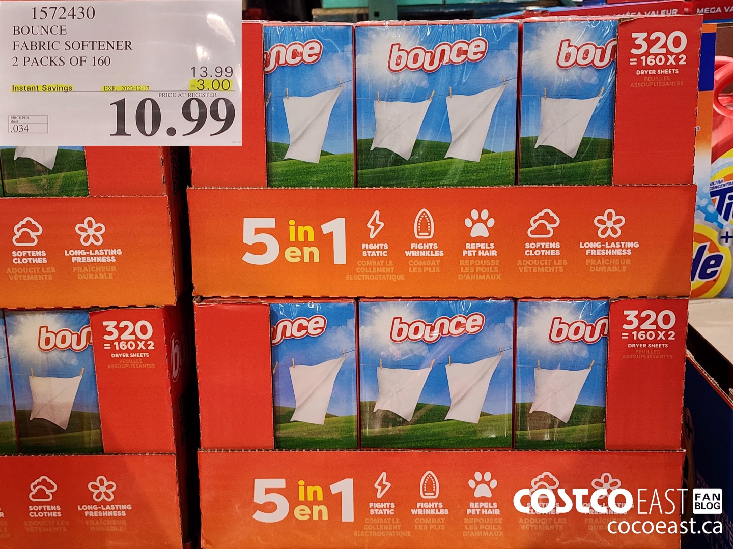 1572430 BOUNCE FABRIC SOFTENER 2 PACKS OF 160 ($3.00 INSTANT SAVINGS EXPIRES ON 2023-12-17) $10.99