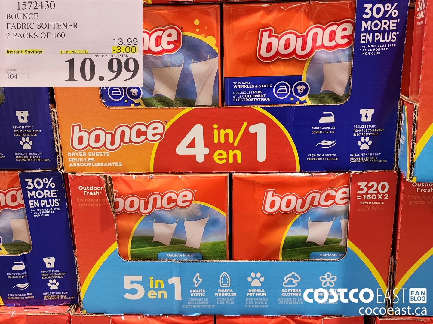 1572430 BOUNCE FABRIC SOFTENER 2 PACKS OF 160 ($3.00 INSTANT SAVINGS EXPIRES ON 2023-12-17) $10.99