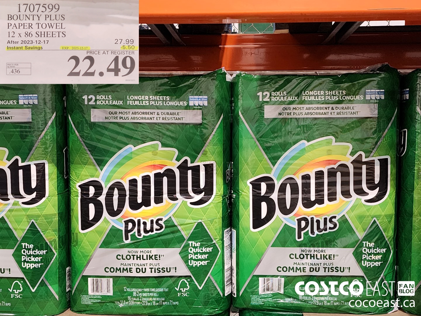 1707599 BOUNTY PLUS PAPER TOWEL 12 x 86 sheets ($5.50 INSTANT SAVINGS EXPIRES ON 2023-12-17) $22.49
