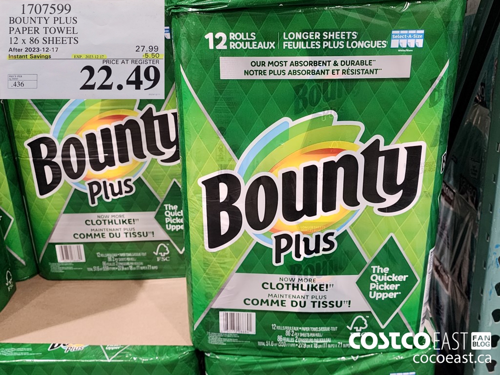 1707599 BOUNTY PLUS PAPER TOWEL 12 x 86 sheets ($5.50 INSTANT SAVINGS EXPIRES ON 2023-12-17) $22.49