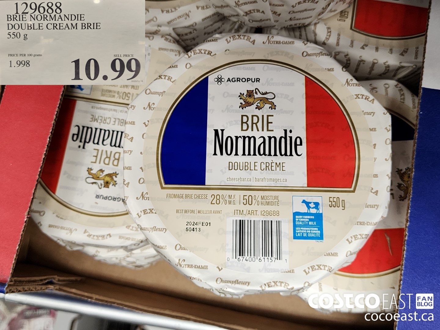 129688 BRIE NORMANDIE DOUBLE CREAM BRIE 550 G $10.99