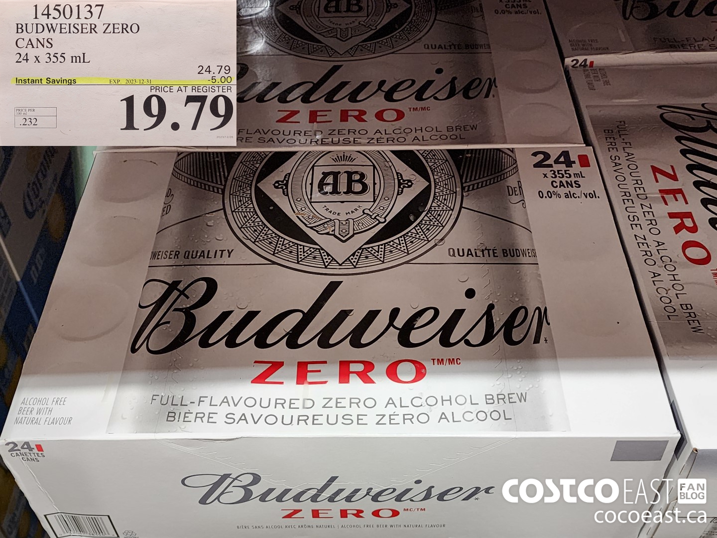 1450137 BUDWEISER ZERO CANS 24 X 355 ML ($5.00 INSTANT SAVINGS EXPIRES ON 2023-12-31) $19.79
