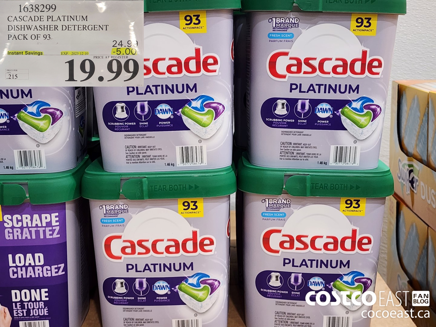1638299 CASCADE PLATINUM DISHWASHER DETERGENT PACK OF 93 ($5.00 INSTANT SAVINGS EXPIRES ON 2023-12-10) $19.99