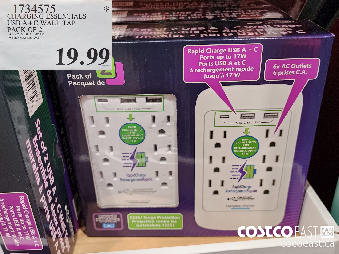 1734575 CHARGING ESSENTIALS USB A+C WALL TAP PACK OF 2 $19.99