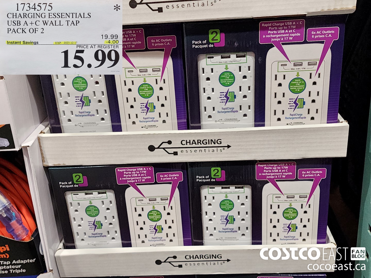 1734575 CHARGING ESSENTIALS USB A+C WALL TAP PACK OF 2 ($4.00 INSTANT SAVINGS EXPIRES ON 2023-12-17) $15.99