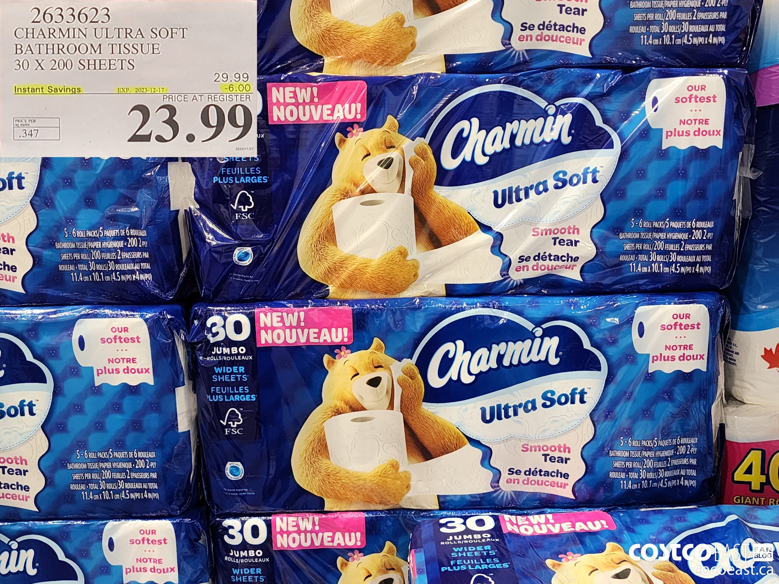 2633623 CHARMIN ULTRA SOFT BATHROOM TISSUE 30 X 200 SHEETS ($6.00 INSTANT SAVINGS EXPIRES ON 2023-12-17) $23.99