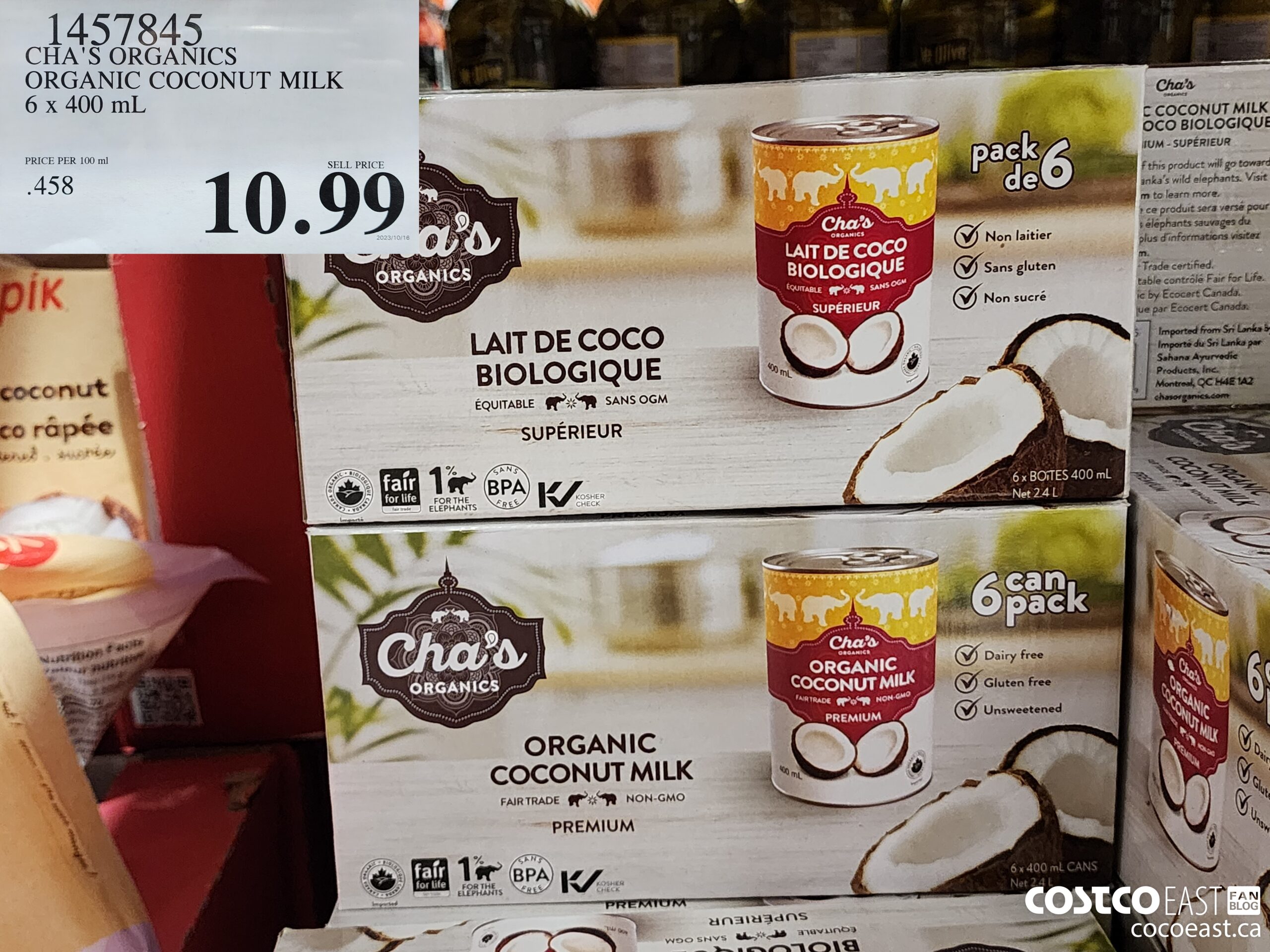 1457845 CHA'S ORGANICS ORGANIC COCONUT MILK 6 x 400 ml $10.99