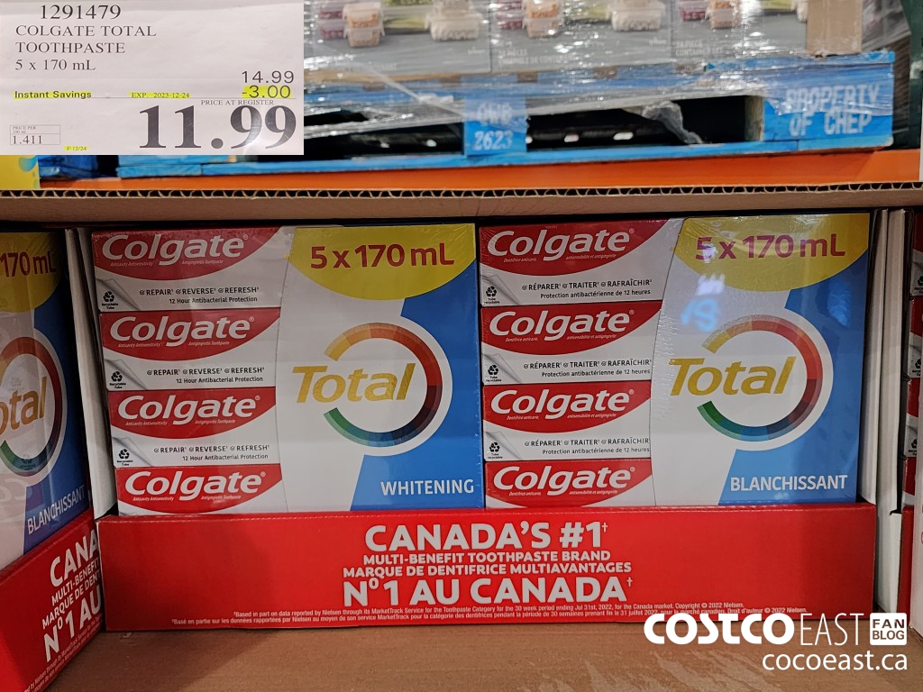 1291479 COLGATE TOTAL TOOTHPASTE 5 x 170 mL ($3.00 INSTANT SAVINGS EXPIRES ON 2023-12-24) $11.99