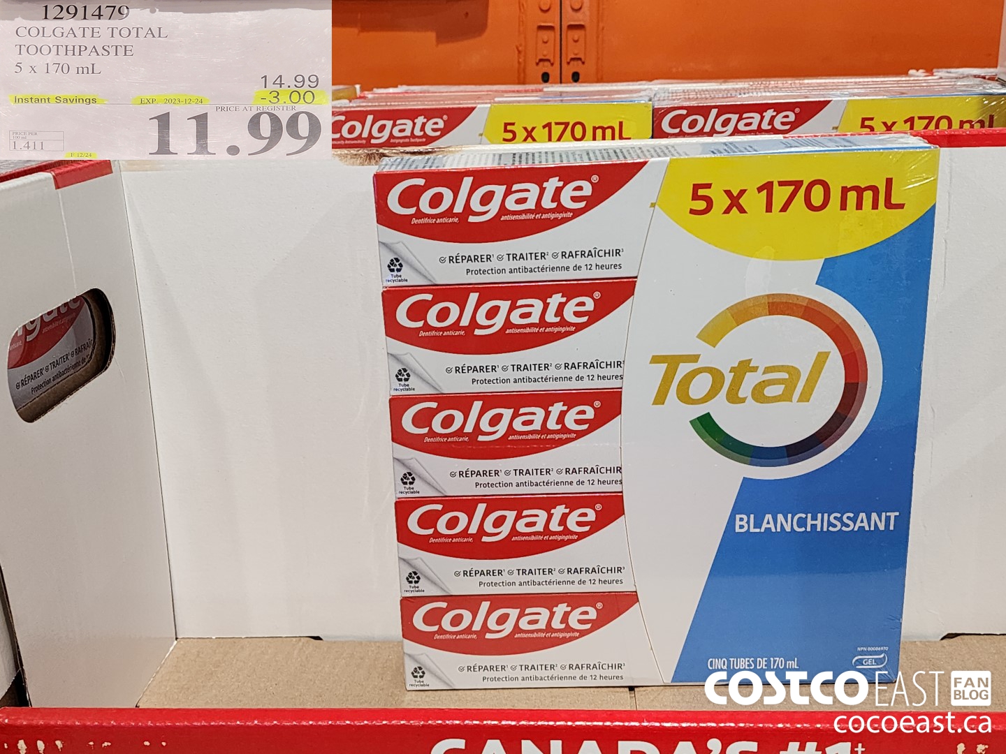 1291479 COLGATE TOTAL TOOTHPASTE 5 x 170 mL ($3.00 INSTANT SAVINGS EXPIRES ON 2023-12-24) $11.99