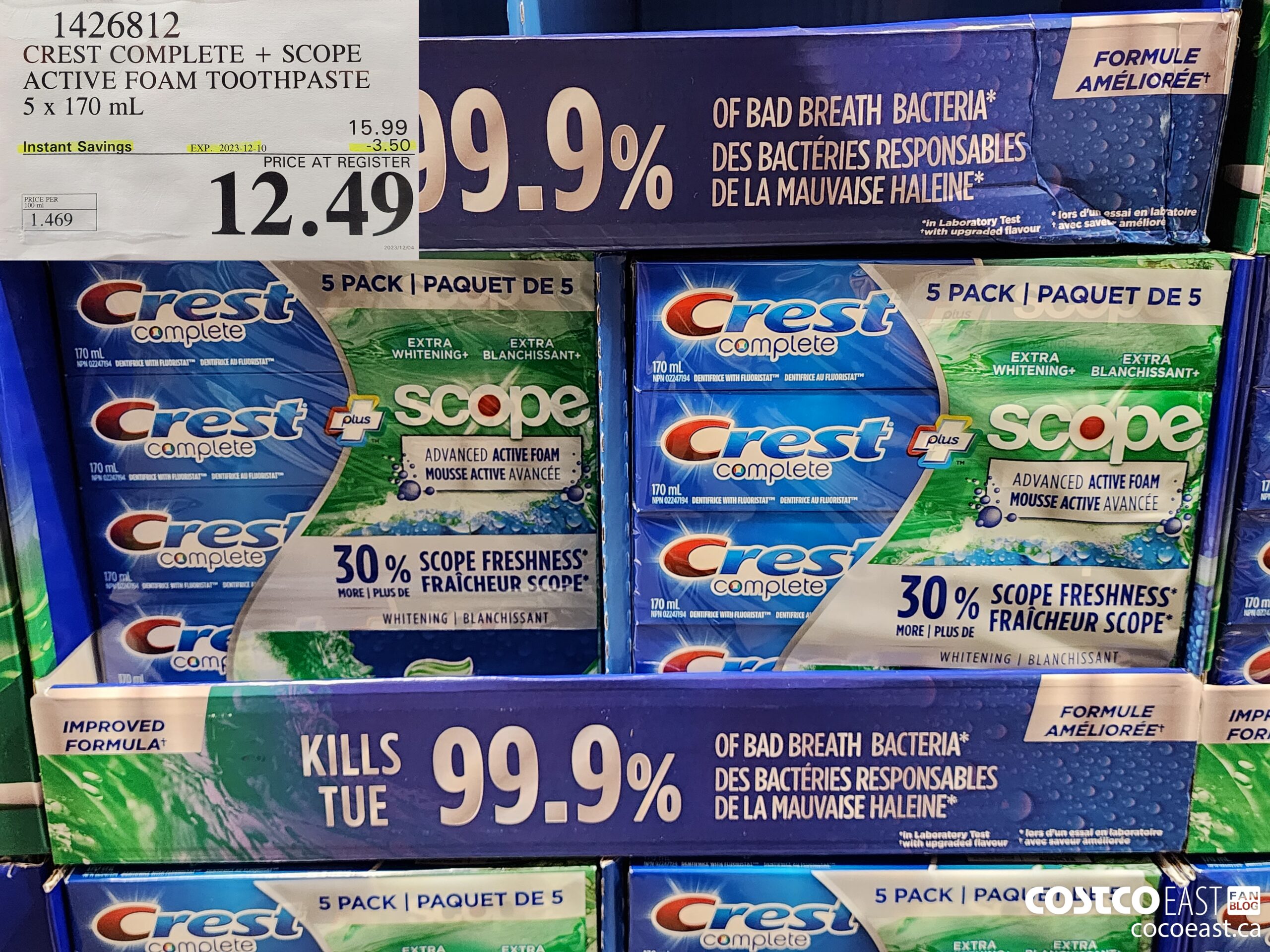 1426812 CREST COMPLETE + SCOPE ACTIVE FOAM TOOTHPASTE 5 X 170 ML ($3.50 INSTANT SAVINGS EXPIRES ON 2023-12-10) $12.49
