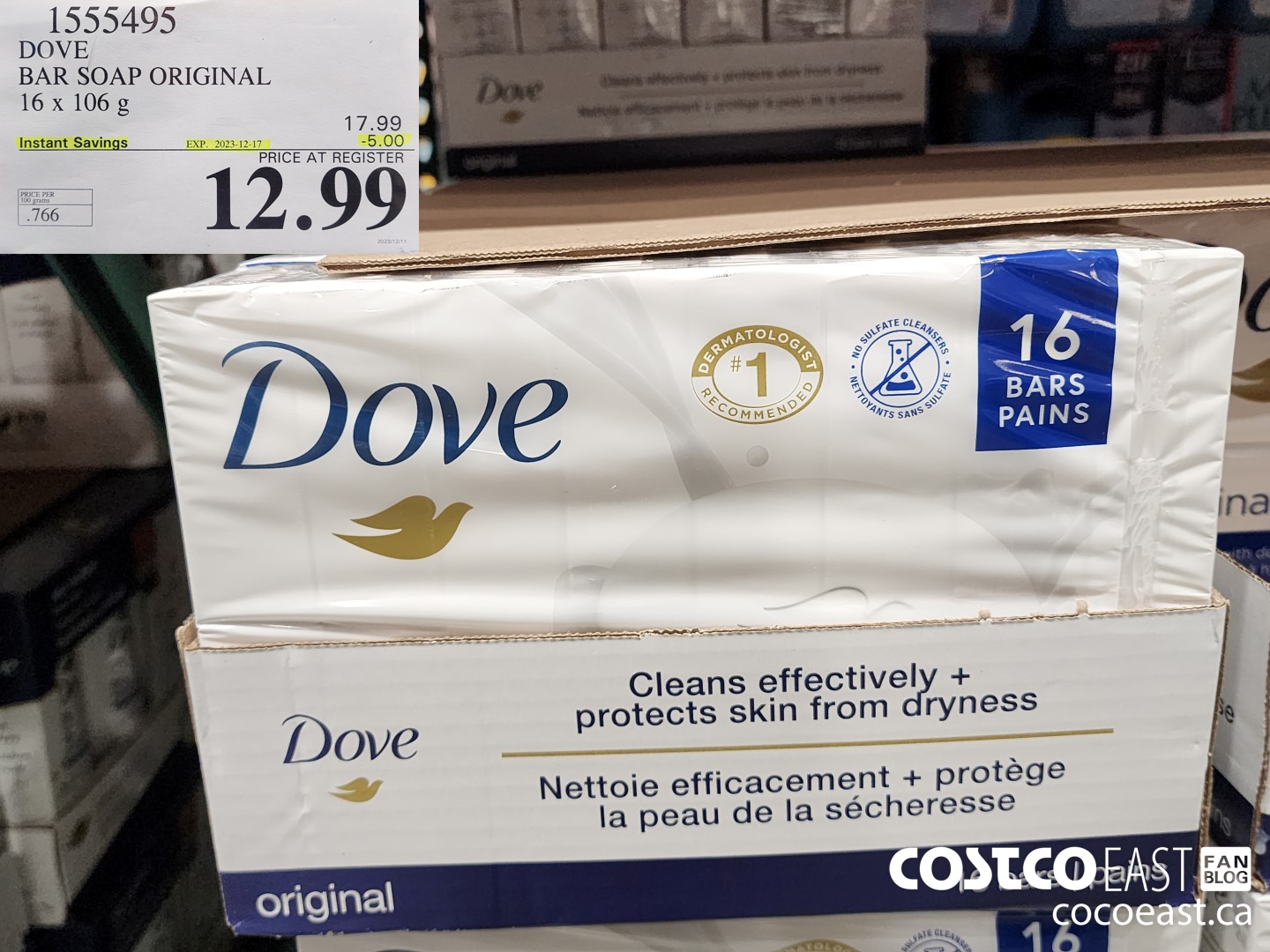 1555495 DOVE BAR SOAP ORIGINAL 16 x 106 g ($5.00 INSTANT SAVINGS EXPIRES ON 2023-12-17) $12.99