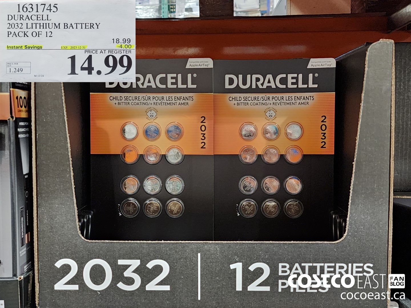 1631745 DURACELL 2032 LITHIUM BATTERY PACK OF 12 ($4.00 INSTANT SAVINGS EXPIRES ON 2023-12-31) $14.99